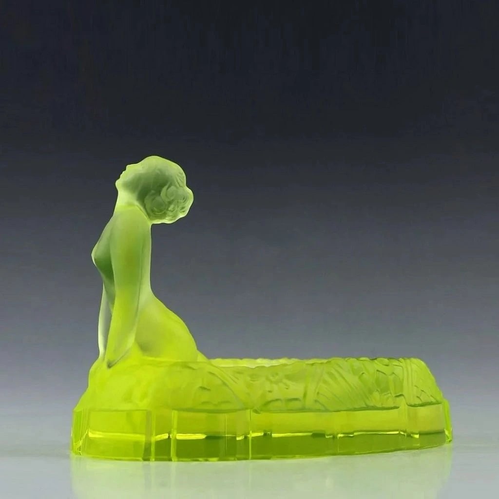 Art Deco Sculpture Vaseline Uranium Glass Jewelry Bowl 1930' H.Hoffmann by Lalique: Top Quality Art Deco Yellow Vaseline Uranium Glass Bowl. This piece was made in Bohemia from ORIGINAL antique vintage molds that were used during the 1930's - 1939's. It is breathtaking high quality s