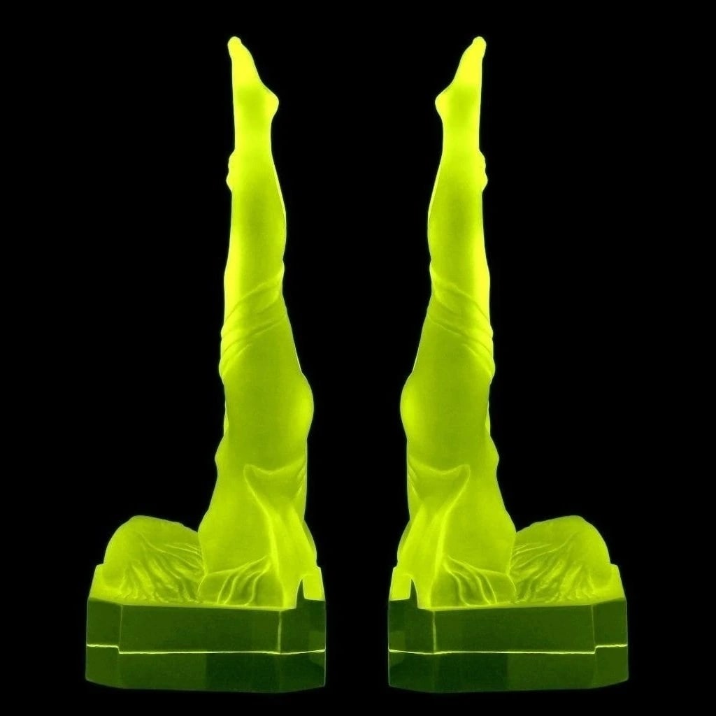 France Art Deco Vaseline Uranium Glass Bookends 1930' H.Hoffmann: These pieces was originally made by LALIQUE. These pieces was made in Bohemia from the ORIGINAL antique vintage molds that was used back in 1930's - 1939's. It is BREATHTAKING high quality satin finis