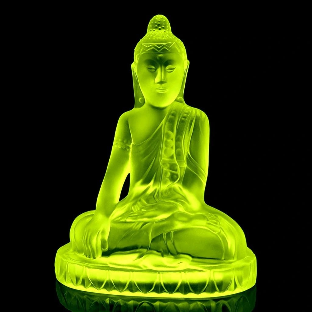 Art Deco Vaseline Uranium Glass 'Buddha' Sculpture 1930' H.Hoffmann: Art Deco Vaseline Uranium Glass Sculpture. This piece was made in Bohemia from the ORIGINAL antique vintage molds that was used back in 1930's. It is BREATHTAKING high quality satin finish glass figur