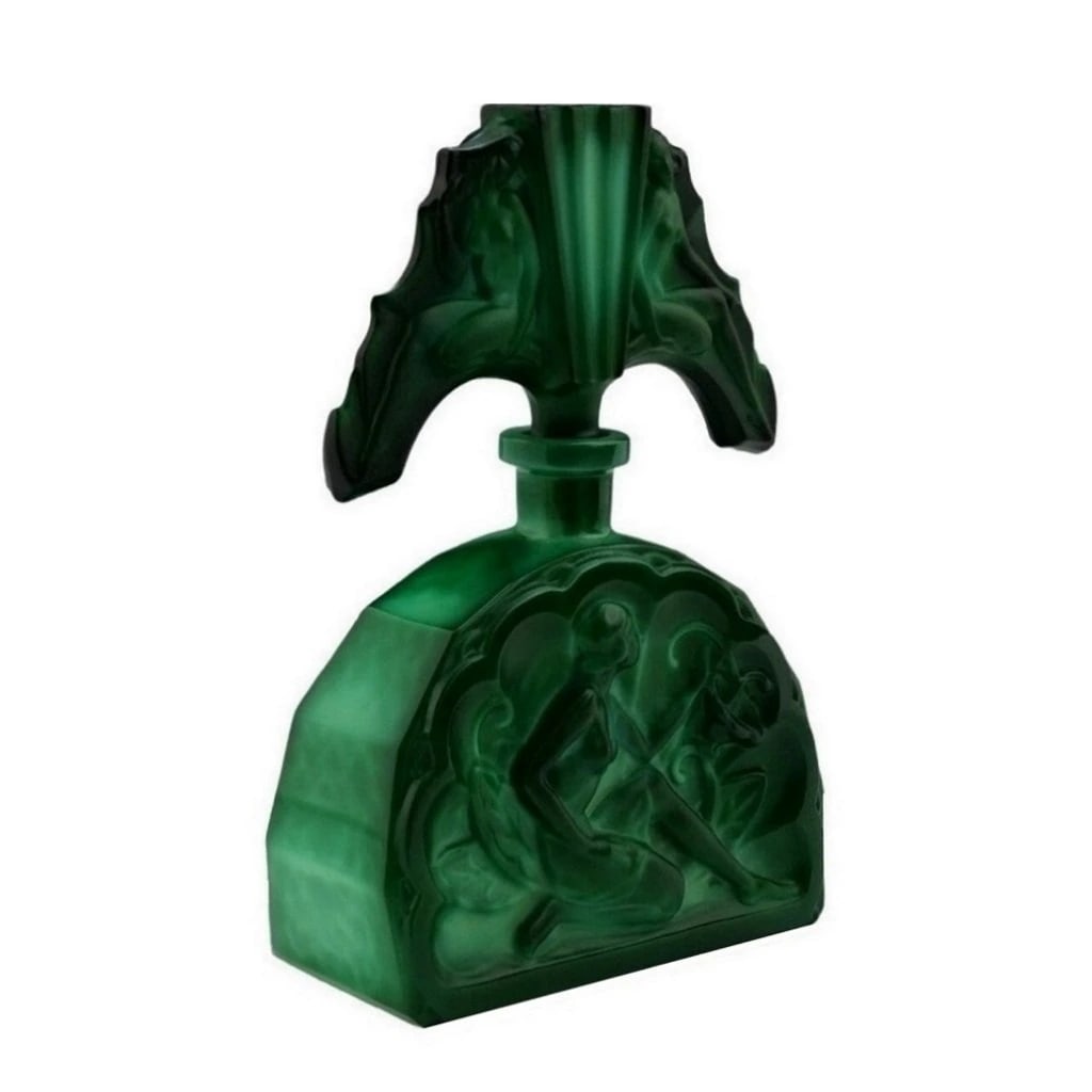 Glamorous Art Deco 1930' H.Hoffmann Malachite Collectible Glass Perfume Bottle: Top Quality Art Deco Malachite Collectible Glass Perfume Bottle. This piece was made in Bohemia from ORIGINAL antique molds that were used during the 1930's - 1939's. It is breathtaking high quality s