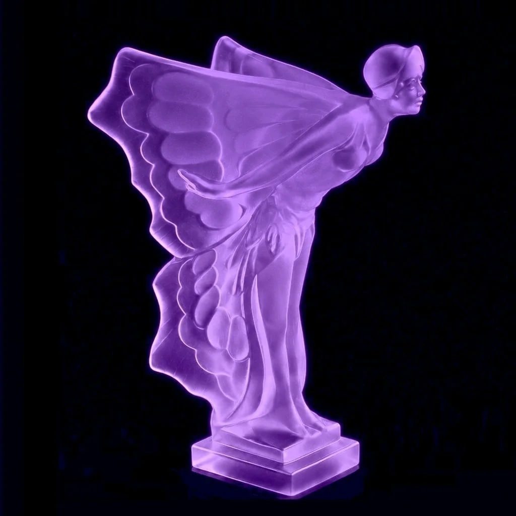 Art Deco Alexandrite Glass Hood Ornament Sculpture Rolls Royce ' Flying Lady ' 1930' H.Hoffmann: Top Quality Alexandrite Glass Car Mascot. This piece was made in Bohemia from ORIGINAL antique vintage molds that were used during the 1930's - 1939's. It is BREATHTAKING high quality satin finish gla