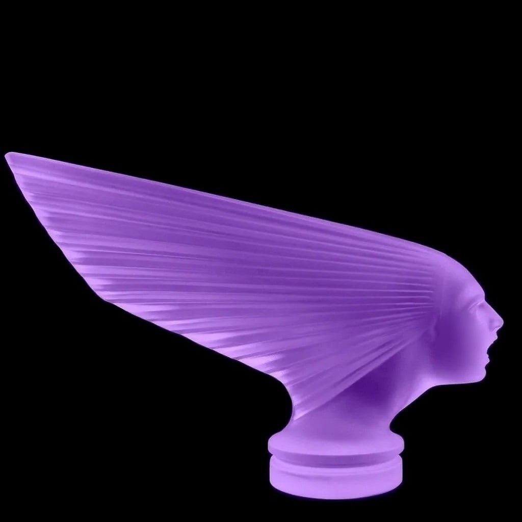 Art Deco Alexandrite Glass VICTOIRE Hood Ornament ' Spirit Of The Wind ' H.Hoffmann by Lalique: Art Deco Alexandrite Glass Hood Ornament “Spirit of the Wind” Car Mascot. This breathtaking piece is made of high-quality satin finish alexandrite glass in a stylish French Art Deco design. Al