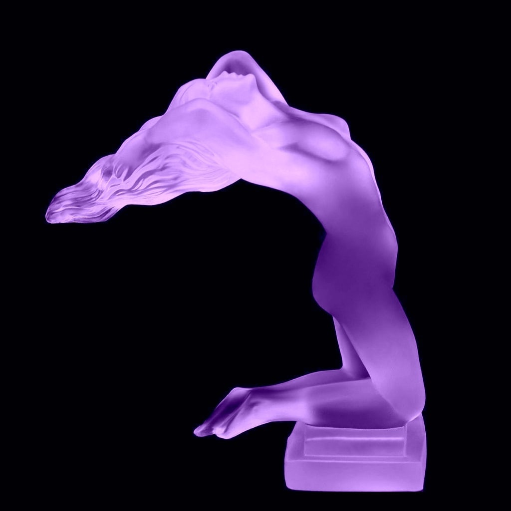 Art Deco Alexandrite Glass 'Chrysis' Sculpture 1930' H.Hoffmann by Lalique: This piece is a great addition to collection or a great gift. Timeless design - Top Qality Art Deco Collectible Alexandrite Glass Car Mascot Hood Ornament Figurine. This piece was made in Bohemia from