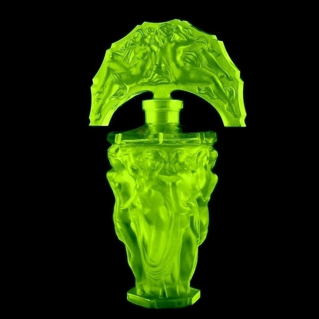 Art Deco 1930' Bohemian Vaseline Uranium Glass Collectible Perfume Bottle: Top Quality Art Deco Vaseline Uranium Glass Perfume Bottle. This piece was made in Bohemia from ORIGINAL antique molds that were used during the 1930's - 1939's. It is breathtaking high quality satin 