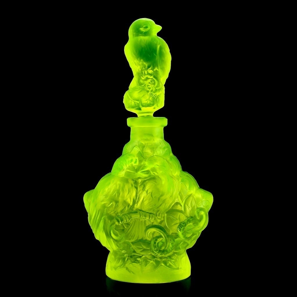 Art Deco 1930' H.Hoffmann Bohemian Uranium Glass Collectible Perfume Bottle: Top Quality Art Deco Vaseline Uranium Glass Perfume Bottle. This piece was made in Bohemia from ORIGINAL antique molds that were used during the 1930's - 1939's. It is breathtaking high quality satin 
