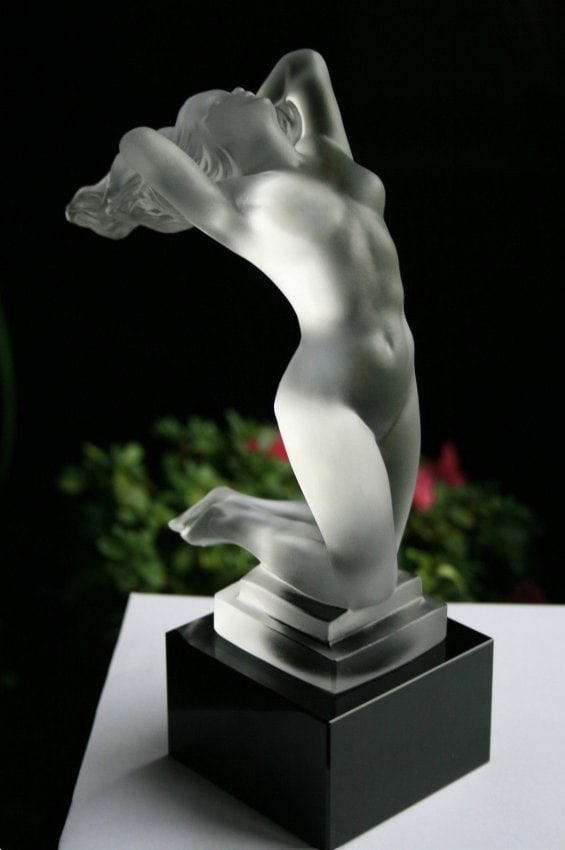 Art Deco Glass 'Chrysis' Sculpture 1930' H.Hoffmann by Lalique: Art Deco Glass Car Mascot Hood Ornament Statue. This piece was made in Bohemia from the ORIGINAL antique vintage molds that was used back in 1930's - 1939's. It is BREATHTAKING high quality satin fini