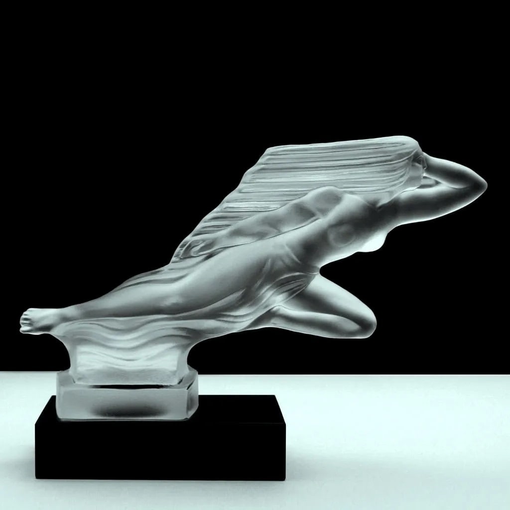 Art Deco Glass ' Lady In The Wind ' Hood Ornament Sculpture 1930' H.Hoffmann: Art Deco Glass Car Mascot Hood Ornament Figurine. This piece was made in Bohemia from the ORIGINAL antique vintage molds that was used back in 1930's - 1939's. It is BREATHTAKING high quality satin fi