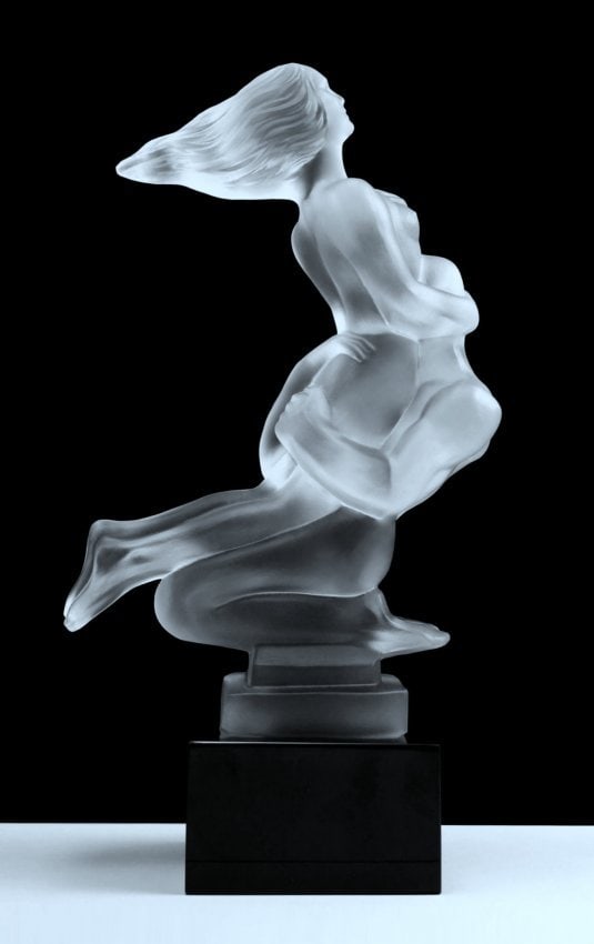 Art Deco Hood Ornament ' Lovers ' Glass Sculpture 1930' H. Hoffmann: Art Deco Glass Hood Ornament. Car Mascot. This piece was made in Bohemia from ORIGINAL antique molds that were used during the 1930's - 1939's. It is breathtaking high quality satin finish glass sculp