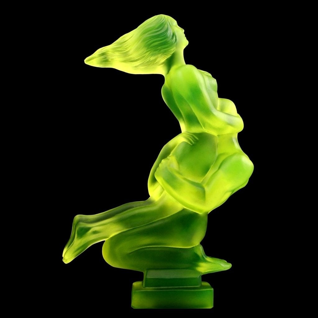 Art Deco Bohemian Uranium Glass ' Lovers ' Hood Ornament Sculpture 1930' H.Hoffmann: Top Quality Vaseline Uranium Glass. This piece was made in Bohemia from ORIGINAL antique molds that were used during the 1930's - 1939's. It is BREATHTAKING high quality satin finish glass sculpture i