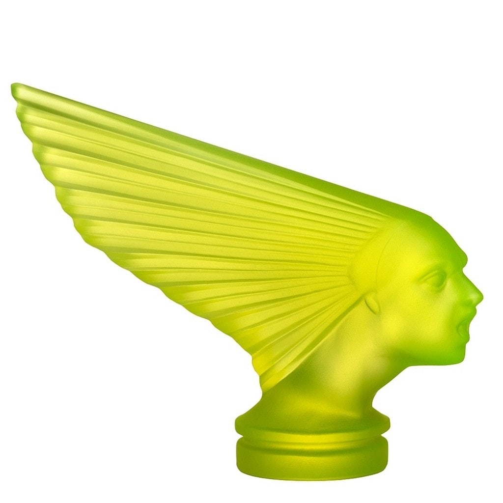 Art Deco Vaseline Uranium Glass 'VICTOIRE' Hood Ornament Sculpture1930' H.Hoffmann by Lalique: Art Deco Vaseline Uranium Glass Hood Ornament Figurine “Spirit of the Wind” Car Mascot. This breathtaking piece is made of high-quality satin finish glass in a stylish French Art Deco design. 