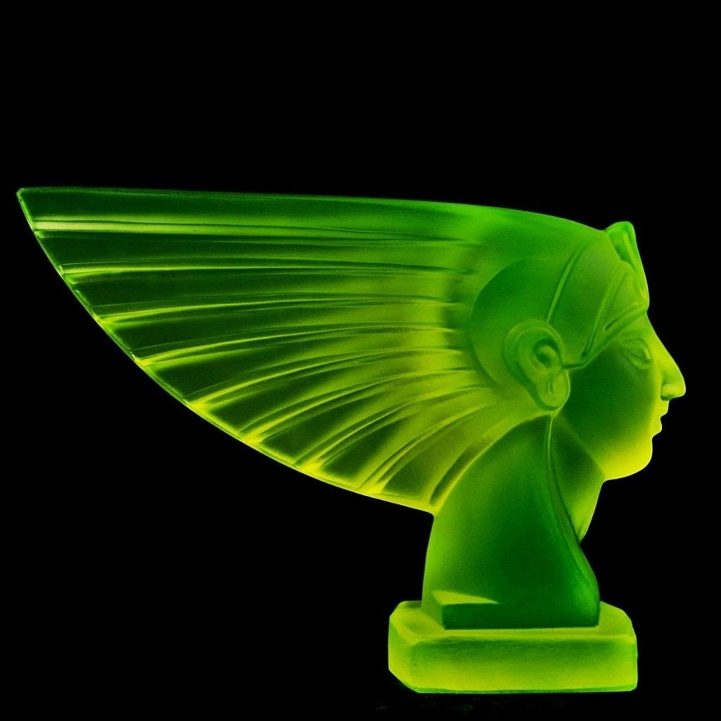 Art Deco Hood Ornament ' Pharaoh Head ' Vaseline Uranium Glass Sculpture 1930' H.Hoffmann: Top Quality Vaseline Uranium Glass. This piece was made in Bohemia from ORIGINAL antique molds that were used during the 1930's - 1939's. It is BREATHTAKING high quality satin finish uranium glass scu