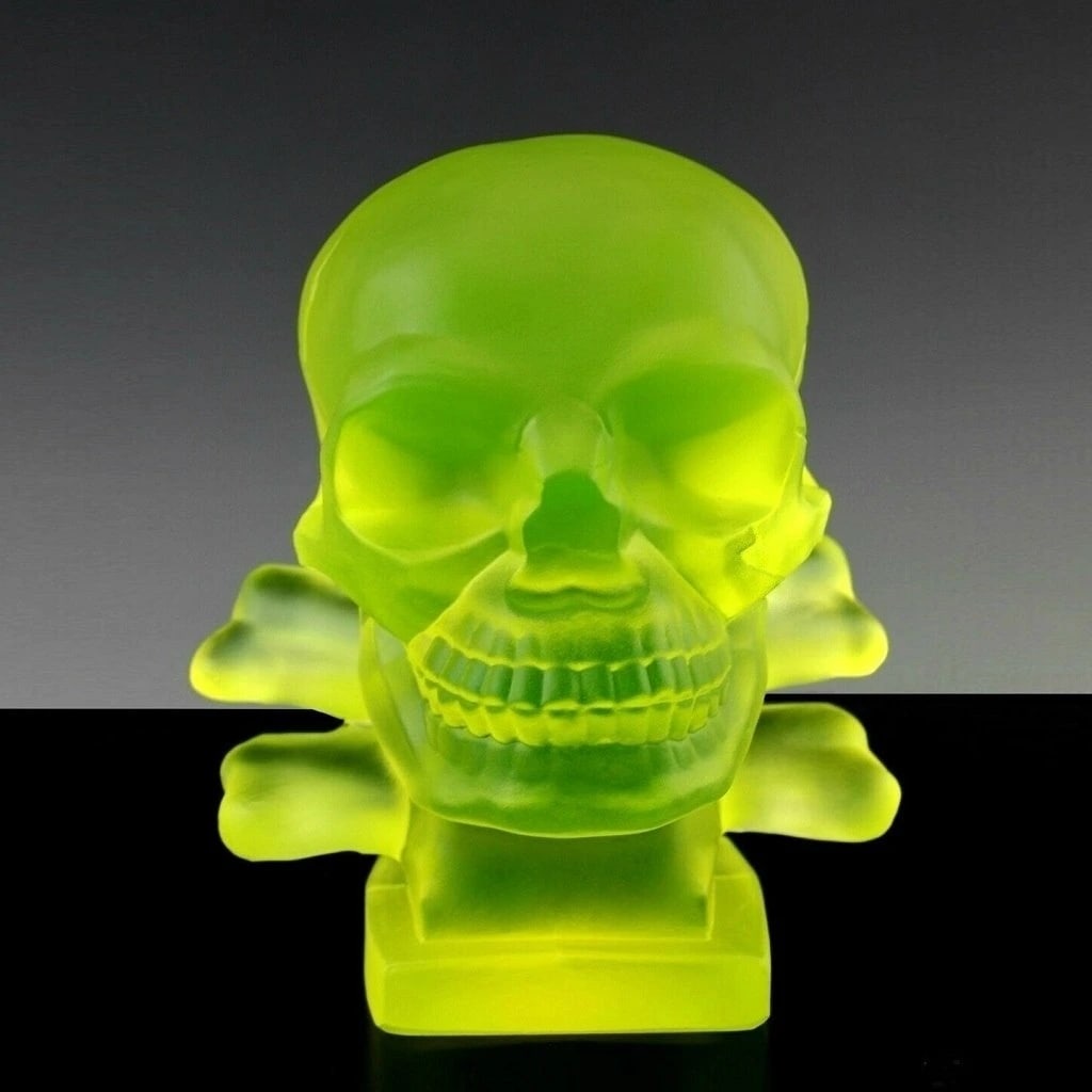 H. Hoffmann Art Deco Skull Vaseline Uranium Glass Paperweight: Paperweight - Uranium Glass ' Skull ' Sculpture Hood Ornament. A striking piece that glows beautifully under UV light. This piece was made in Bohemia from the ORIGINAL antique vintage molds that was u