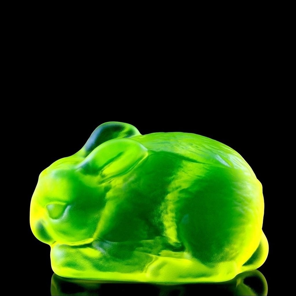 Art Deco Rabbit Figurine Vaseline Uranium Glass 1930' H.Hoffmann: Art Deco Vaseline Uranium Glass Figurine. This piece was made in Bohemia from the ORIGINAL antique vintage molds that was used back in 1930's. It is BREATHTAKING high quality satin finish glass figuri