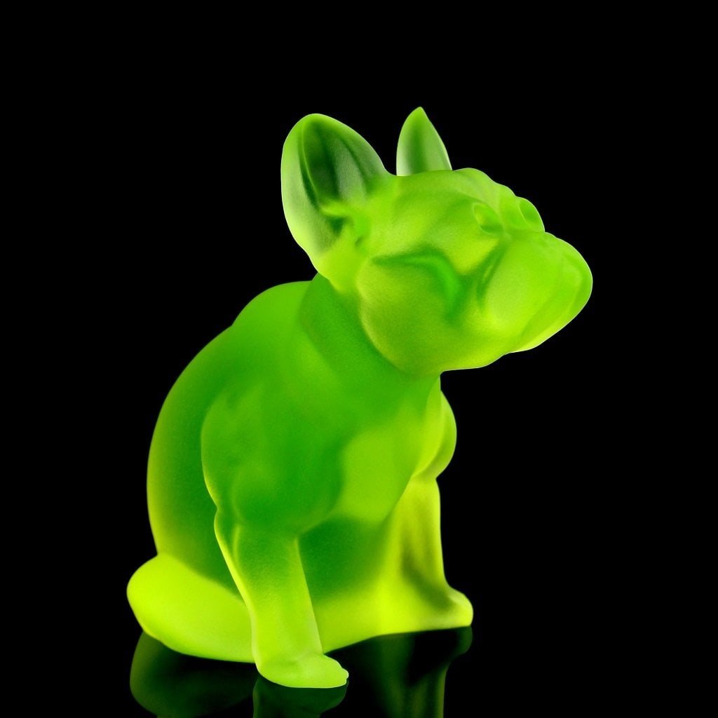 French Art Deco Uranium Glass Bulldog Figurine 1930' H.Hoffmann: Top Qality Art Deco Vaseline Uranium Glass Figurine. This piece was made in Bohemia from the ORIGINAL antique vintage molds that was used back in 1930's. It is BREATHTAKING high quality satin finish g