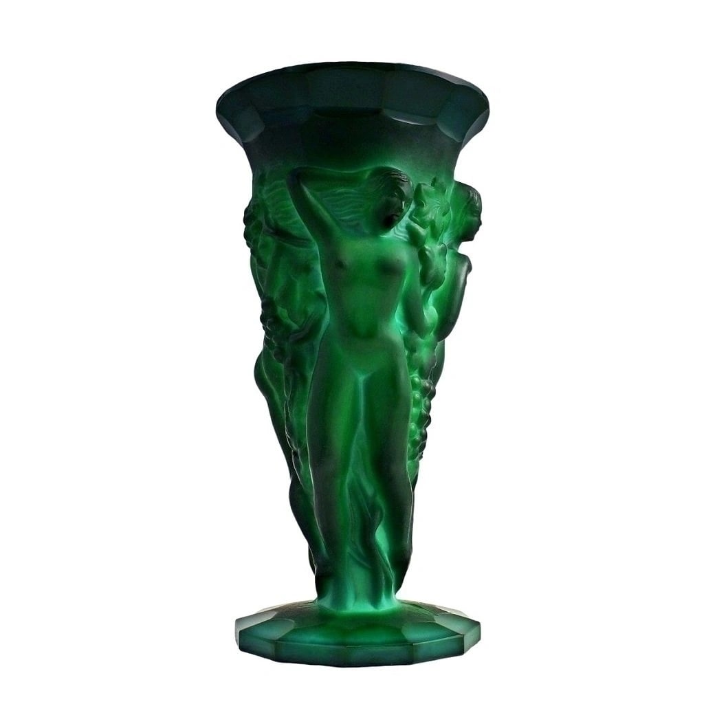 Art Deco Bohemian Jade Malachite Large Vase 1930' H.Hoffmann: Top Quality Malachite Glass Vase with raised figures of revelling bacchantes around the full circumference exhibiting excellent colour and detail. This piece was made in Bohemia from ORIGINAL vintage 