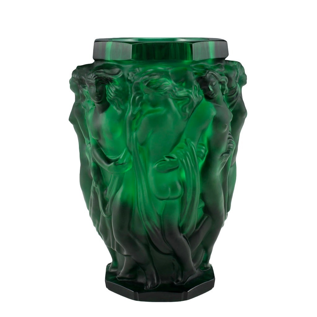 Art Deco Green Glass Collectible Bacchantes Vase 1930' H.Hoffmann by Lalique: This piece is a great addition to collection or a great gift. Top Quality Translucent Green Collectible Glass Vase with raised figures of revelling bacchantes around the full circumference exhibiting 