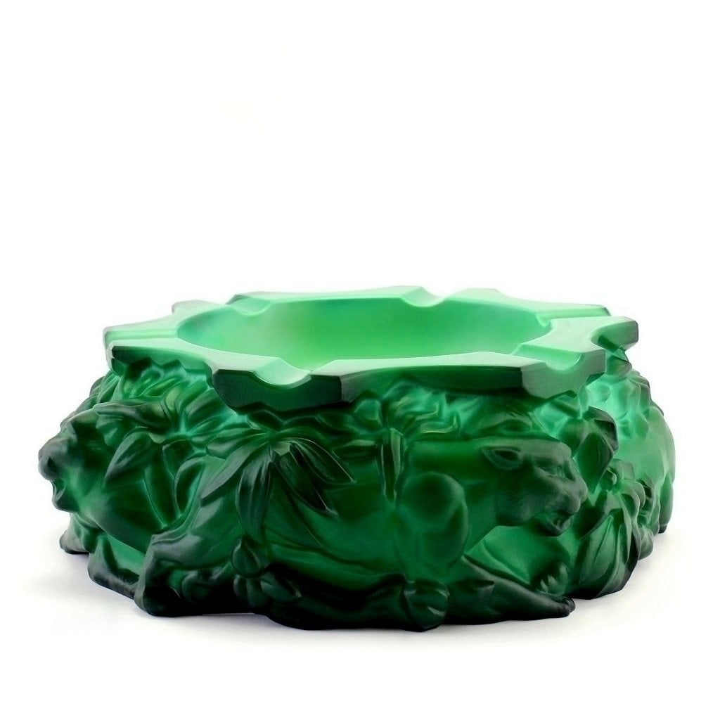 Art Deco Bohemian Malachite Jade Collectible Glass ' Panthers ' Large Ashtray 1930' H.Hoffmann: Top Quality Malachite Jade Collectible Glass Large Ashtray. This piece was made in Bohemia from ORIGINAL antique molds that were used during the 1930's - 1939's. It is breathtaking high quality satin 
