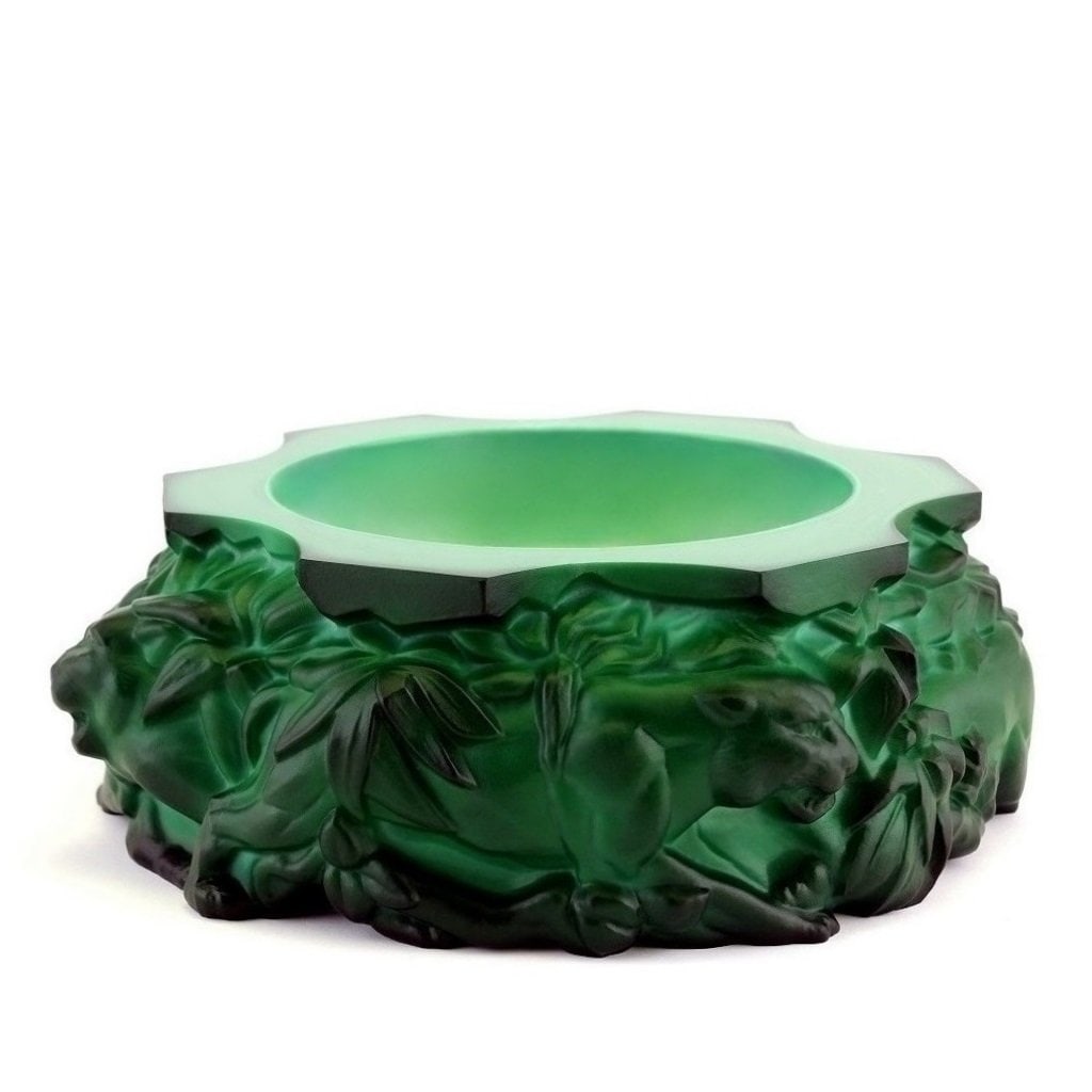 Art Deco Bohemian Malachite Jade Glass Panthers Large Bowl 1930' H.Hoffmann: Top Quality Malachite Jade Collectible Glass Large Bowl. This piece was made in Bohemia from ORIGINAL antique molds that were used during the 1930's - 1939's. It is breathtaking high quality satin fin