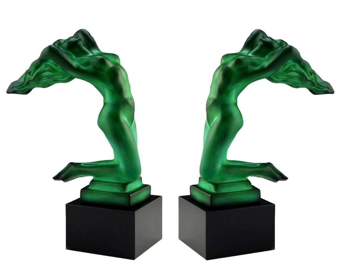 Bookends France Art Deco ' Chrysis ' Malachite Collectible Glass 1930' H.Hoffmann: These 2 figurines is a great addition to collection or a great gift. Timeless design - Top Qality Art Deco Collectible Glass Figurines. These pieces was made in Bohemia from the ORIGINAL antique vinta
