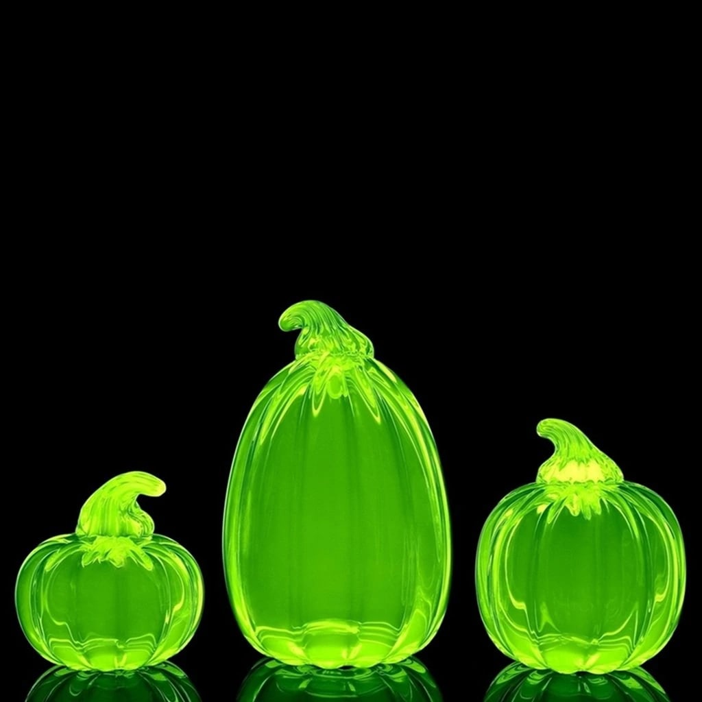 3 Pumpkins Bohemian Vaseline Uranium Glass: Three Uranium Glass Pumpkins Figurines. Beautiful pieces that glow brilliantly under UV light. These pumpkins are a great addition to any collection or make a wonderful gift for uranium glass lovers. 