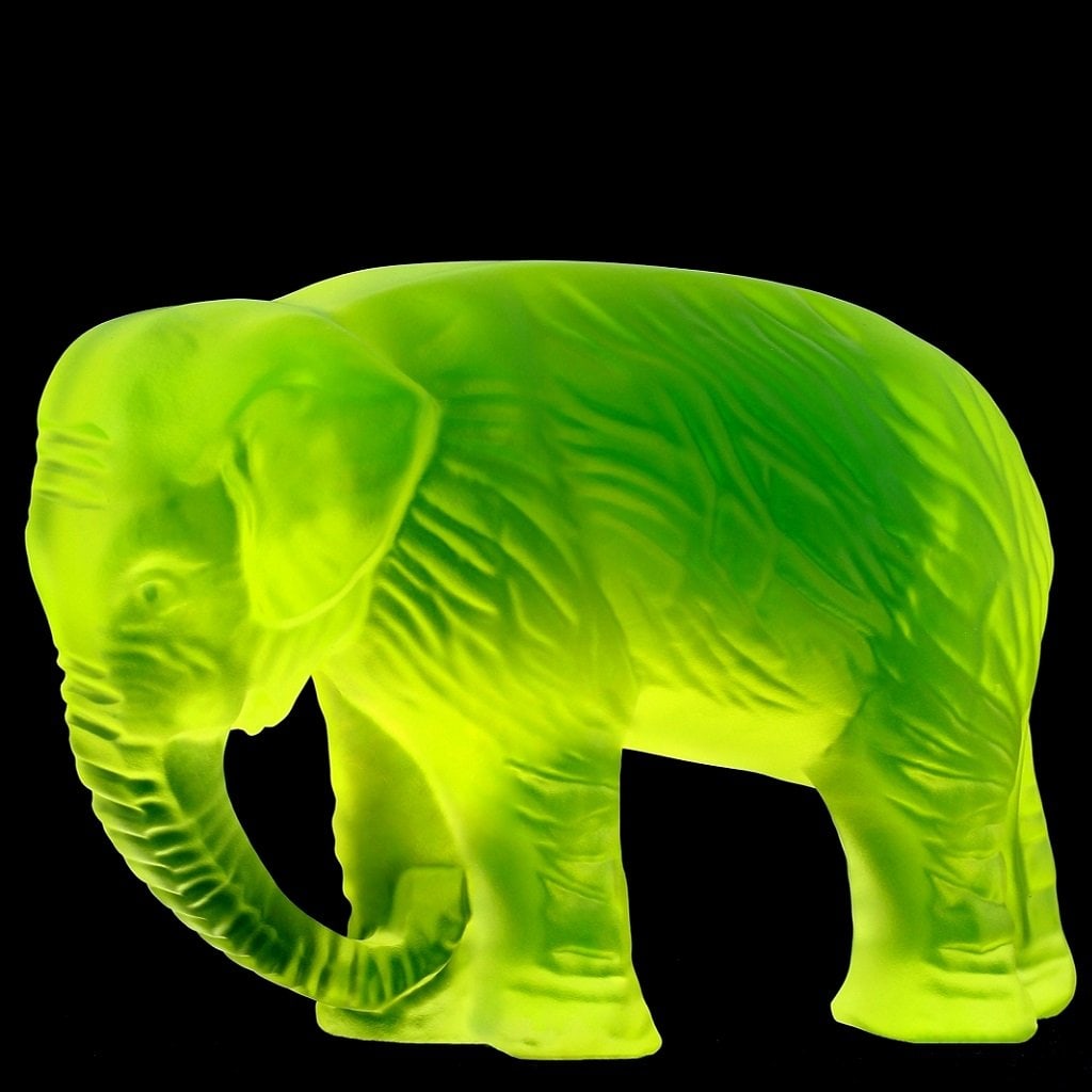 Glamorous Art Deco Vaseline Uranium Glass ' Elephant ' Large Figurine 1930' H.Hoffmann: Top Qality Art Deco Vaseline Uranium Glass Figurine. This piece was made in Bohemia from the ORIGINAL Antique molds that was used back in 1930's. It is BREATHTAKING high quality satin finish glass scu