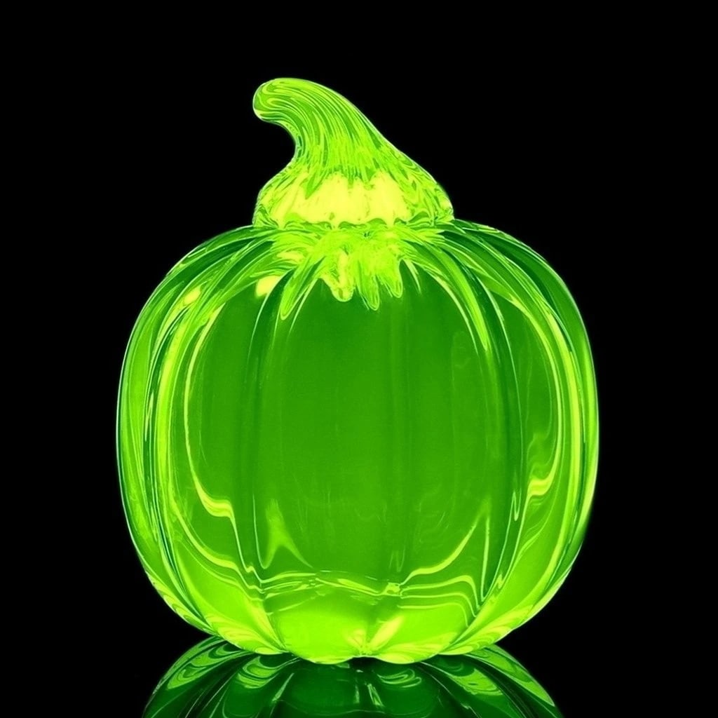 Bohemian Uranium Glass Pumpkin Paperweight: Bohemian Uranium Glass Pumpkin. A stunning Bohemian uranium glass pumpkin that glows beautifully under UV light. This elegant piece is perfect for collectors and makes a unique and memorable gift for 