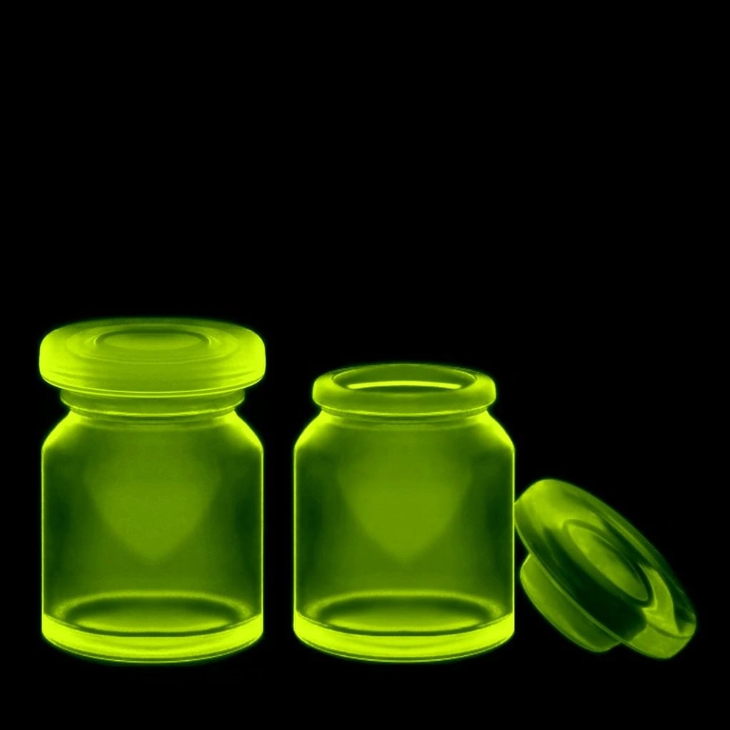 Vaseline Uranium Glass Bottles With Lids Apothecary Jars Trinket Boxes ( 2 pieces ): Very beautiful decoration to your house or office. Really nice piece that glows beautifully under uv light. Dimensions: Height 3 3/8 '' ( 8,5 cm ), Width 2 3/8 ( 6 cm ). Excelent Condition, no chips, 