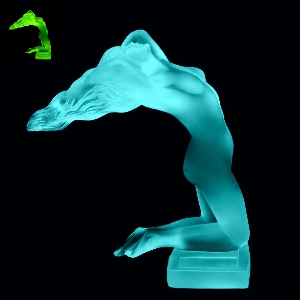 Art Deco Hood Ornament ' Chrysis ' Aquamarine Uranium Glass Figurine 1930' H.Hoffmann by Lalique (1 of 4)