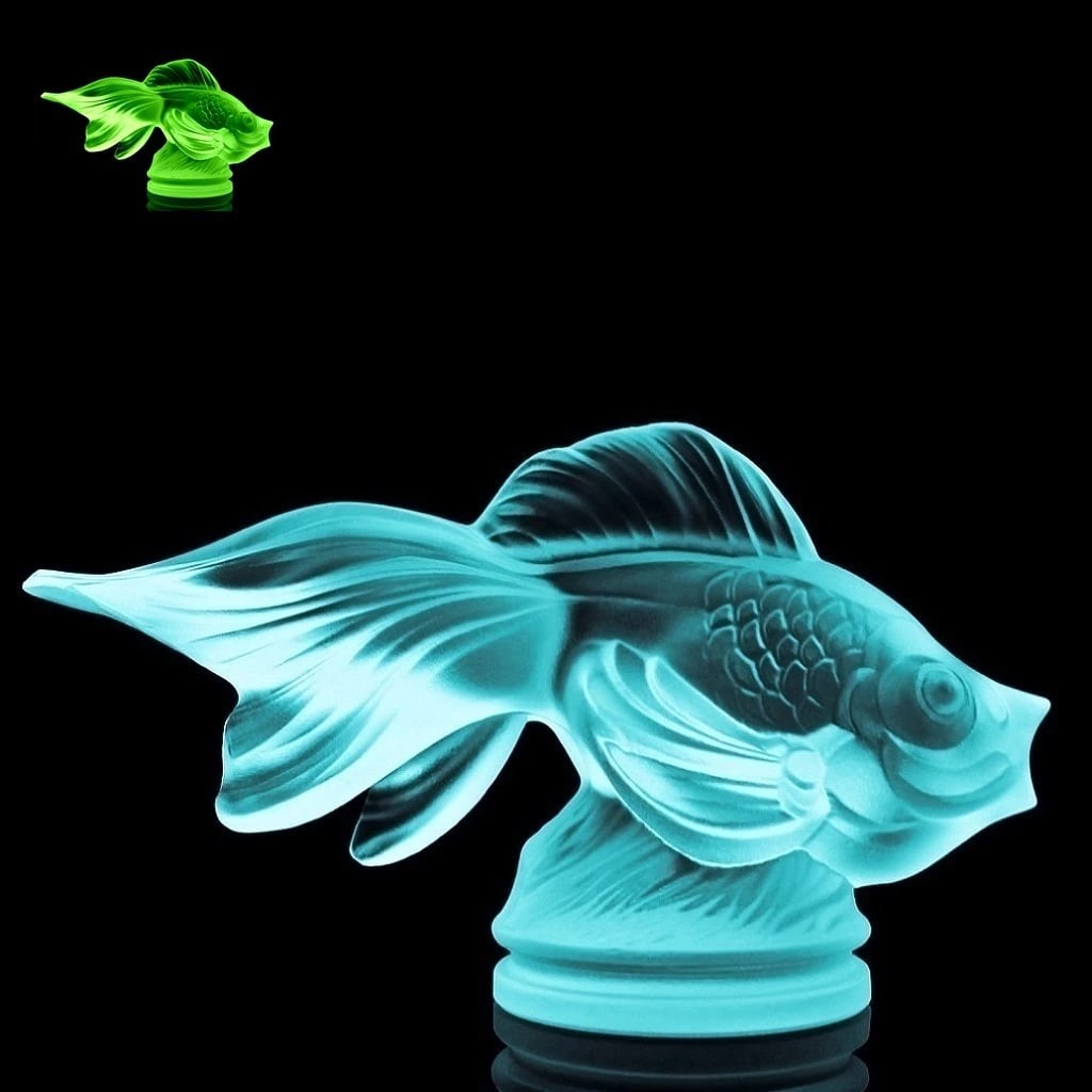 Art Deco Cyan Vaseline Glass ' Gold Fish ' Figurine 1930' H.Hoffmann: This piece is a great addition to collection or a great gift. Top Qality Art Deco Aquamarine Cyan Vaseline Glass Figurine. This piece was made in Bohemia from ORIGINAL antique vintage molds that were 