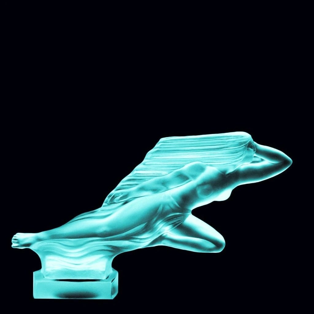 Art Deco Cyan Vaseline Glass ' Lady In The Wind ' Sculpture Hood Ornament 1930' H.Hoffmann: This figurine falls on its side, it cannot stand alone. You need a pedestal. Top Quality Art Deco Aquamarine Cyan Vaseline Glass Car Mascot. This piece was made in Bohemia from ORIGINAL antique molds 