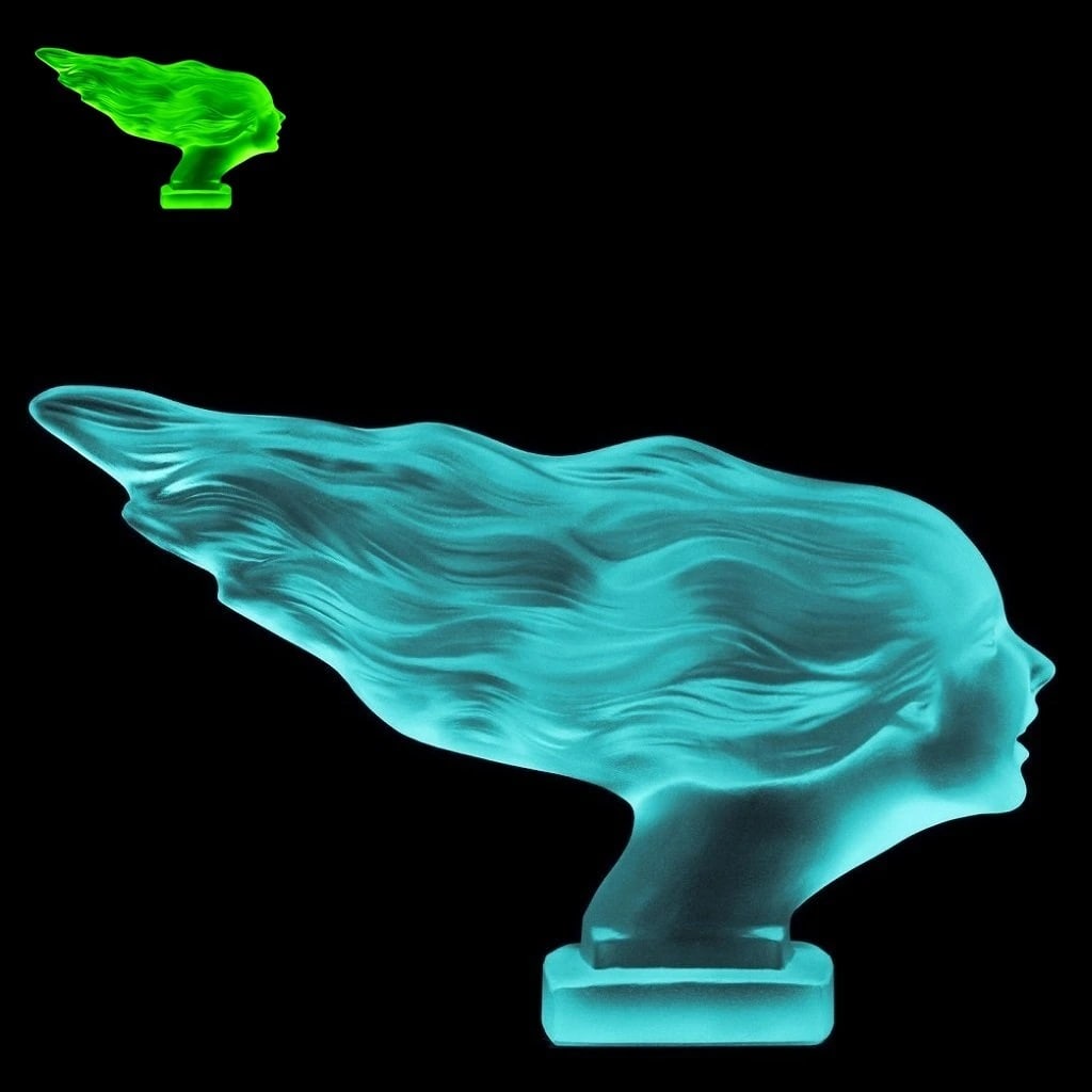 French Art Deco Cyan Vaseline Glass ' Speed Girl ' Hood Ornament Sculpture 1930' H.Hoffmann: This piece is a great addition to collection or a great gift. Top Qality Collectible Art Deco Aquamarine Cyan Glass Car Mascot. Hood Ornament Emblem Figurine for Classic, old, veteran car. This piece 