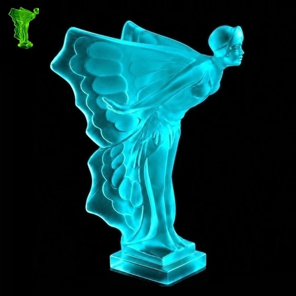 Art Deco Blue Uranium Glass Sculpture Rolls Royce ' Flying Lady ' 1930' H.Hoffmann: This piece is a great addition to collection or a great gift. Timeless design - Top Qality Art Deco Cyan Glass Car Mascot '' Hood Ornament ' Flying Lady ' Spirit of Ecstasy Figurine. This piece was ma