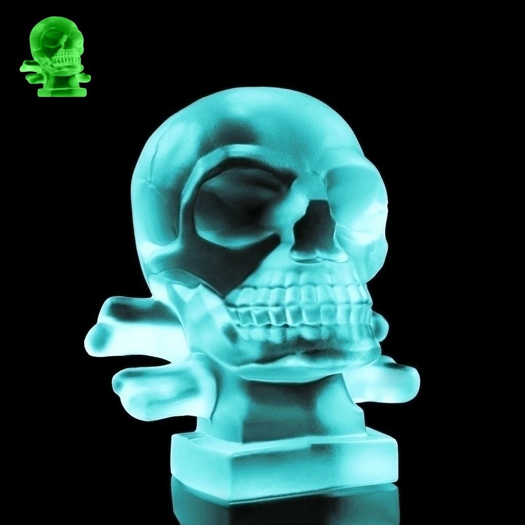 Art Deco Sculpture ' Skull ' Cyan Uranium Glass Sculpture 1930' H.Hoffmann: This piece is a great addition to collection or a great gift. Top Quality Art Deco Aquamarine Cyan Vaseline Uranium Glass Car Mascot. This piece was made in Bohemia from ORIGINAL antique vintage molds