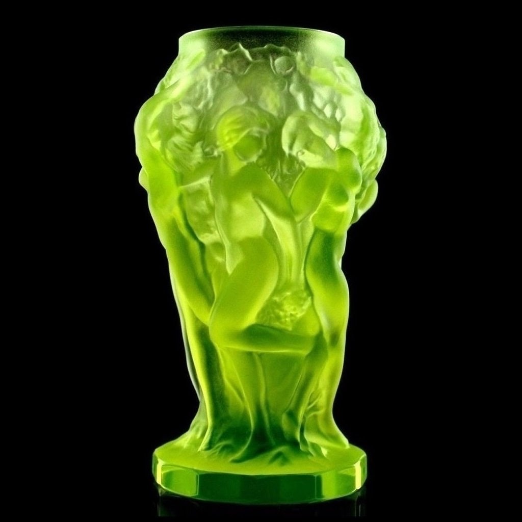 Art Deco Vaseline Uranium Glass Figural Vase 1930' H.Hoffmann By Lalique: Art Deco vaseline uranium glass vase. Really nice piece that beautifully glows under UV light. This piece was made in Bohemia from ORIGINAL antique vintage molds that were used during the 1930's–193