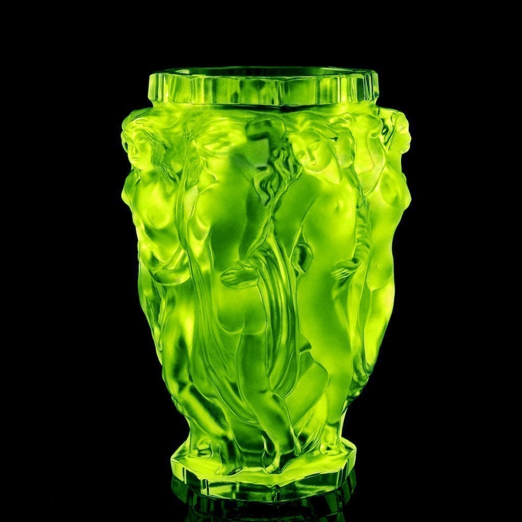 Art Deco Uranium Glass Bacchantes Vase 1930' H.Hoffmann by Lalique: This piece is a great addition to collection or a great gift. Top Quality Vaseline Uranium Glass Vase with raised figures of revelling bacchantes around the full circumference exhibiting excellent col