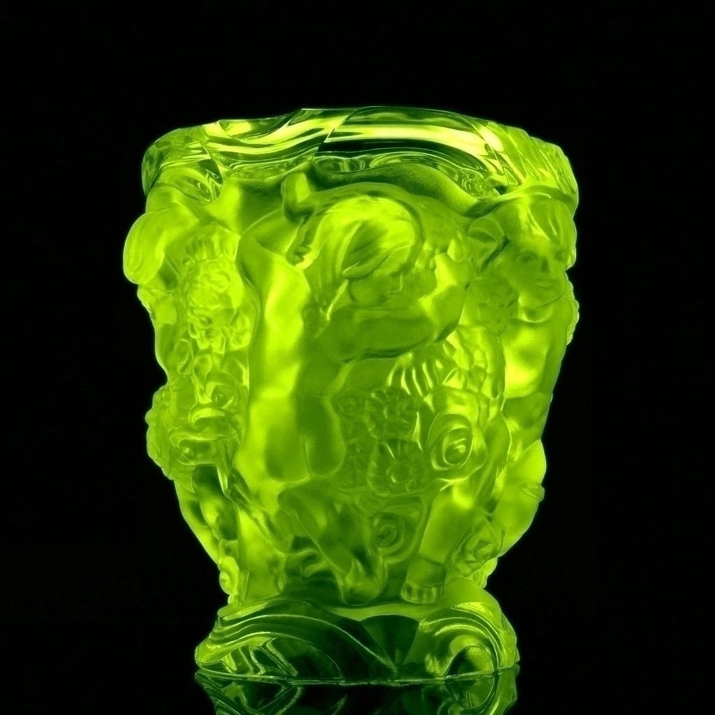 Art Deco Uranium Glass Putti Cherubs Figural Large Vase 1930s H.Hoffmann: This uranium glass vase was produced in Bohemia from original period molds created by H. Hoffmann around 1930, during the height of the Art Deco movement. Made of yellow uranium glass, commonly referr