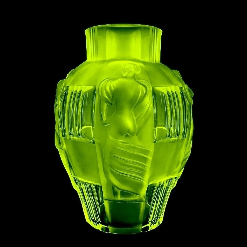Art Deco Vaseline Uranium Glass Collectible Large Vase 1930' H.Hoffmann: This piece is a great addition to collection or a great gift. Top Quality Yellow Vaseline Uranium Glass Vase with raised figures of revelling bacchantes around the full circumference exhibiting excell