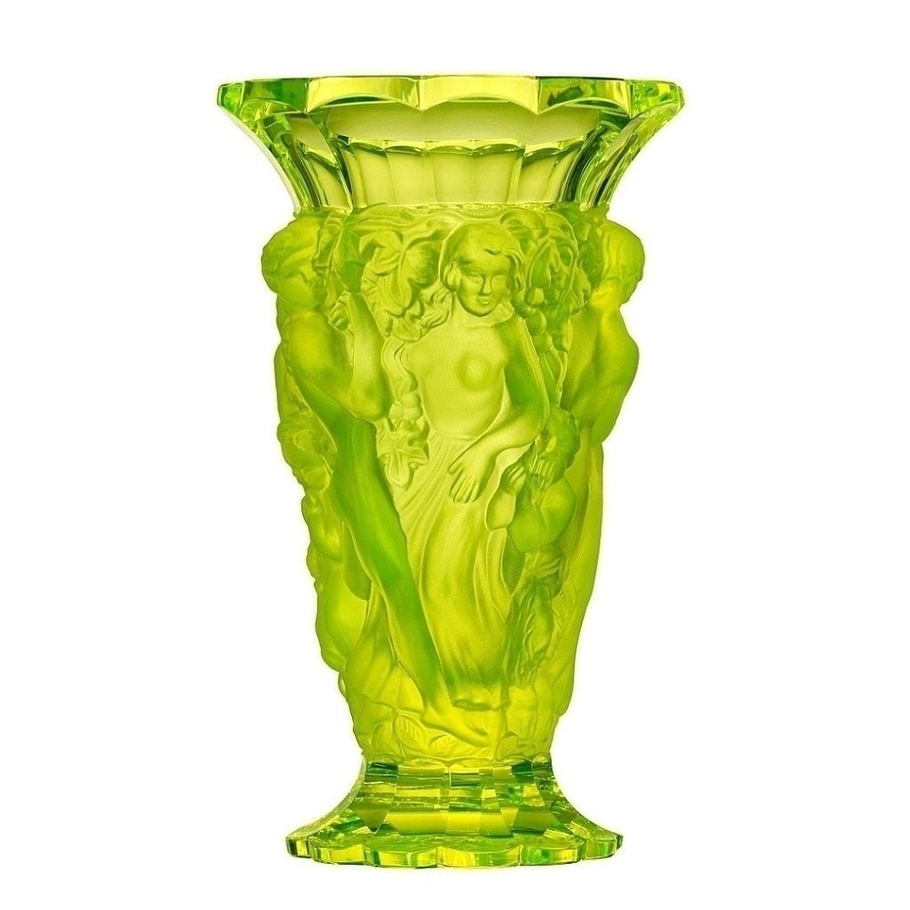 Glamorous Art Deco Vaseline Uranium Glass Bacchantes Large Vase 1930' H.Hoffmann: Top Quality Vaseline Uranium Glass Vase with raised figures of revelling bacchantes around the full circumference exhibiting excellent colour and details. This piece was made in Bohemia from ORIGINAL 
