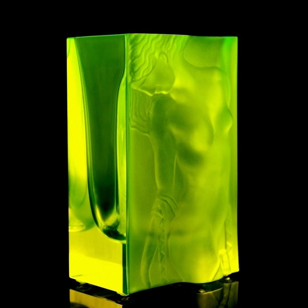 Art Deco Vaseline Uranium Glass Vase ' Odalisque ' 1930' H.Hoffmann: Top Quality Vaseline Uranium Glass Vase with lady decor - excellent colour and details. This piece was made in Bohemia from ORIGINAL antique molds that were used during the 1930's - 1939's. It is brea
