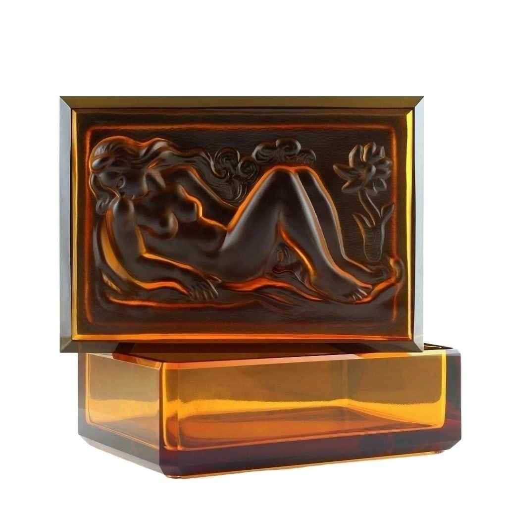 1930' H. Hoffmann Odalisque Amber Glass Jewelry Box: Jewelry Box Amber Glass - Excellent color and detailing. This piece was made in Bohemia from ORIGINAL antique molds that were used during the 1930's - 1939's. It is breathtaking high quality satin fin