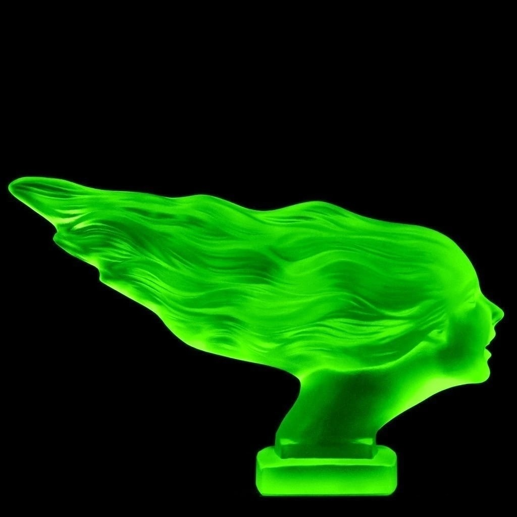 French Art Deco ' Speed Girl ' Figurine Hood Ornament 1930' H.Hoffmann Green Vaseline Uranium Glass: This piece is a great addition to collection or a great gift. Top Quality Green Vaseline Uranium Glass. This piece was made in Bohemia from ORIGINAL antique vintage molds that were used during the 193