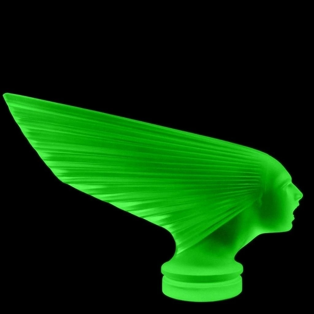 Art Deco 1930' Green Uranium Glass VICTOIRE Hood Ornament 'Spirit Of The Wind' H.Hoffmann by Lalique: This piece is a great addition to collection or a great gift. Art Deco Collectible Rare Green Uranium Glass Sculpture ' Spirit Of The Wind ' Hood Ornament, Car Mascot Figurine. It is breathtaking high