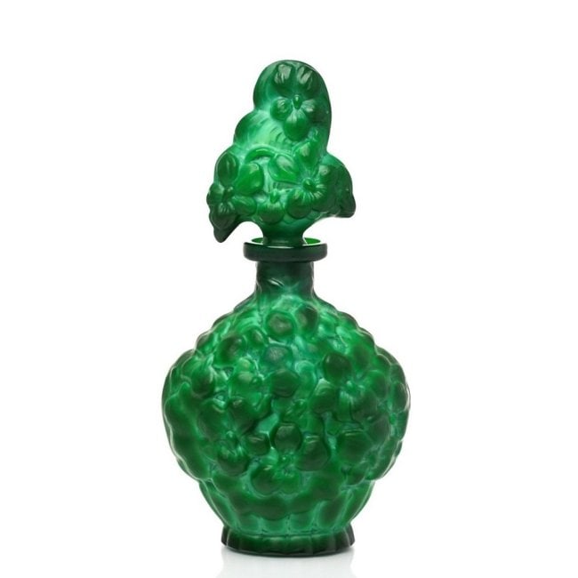 Art Deco Malachite Jade Glass ' Poppies ' Collectible Perfume Bottle 1930' H.Hoffmann: Top Quality Art Deco Malachite Glass Perfume Bottle. This piece was made in Bohemia from ORIGINAL antique molds that were used during the 1930's - 1939's. It is breathtaking high quality satin finish 