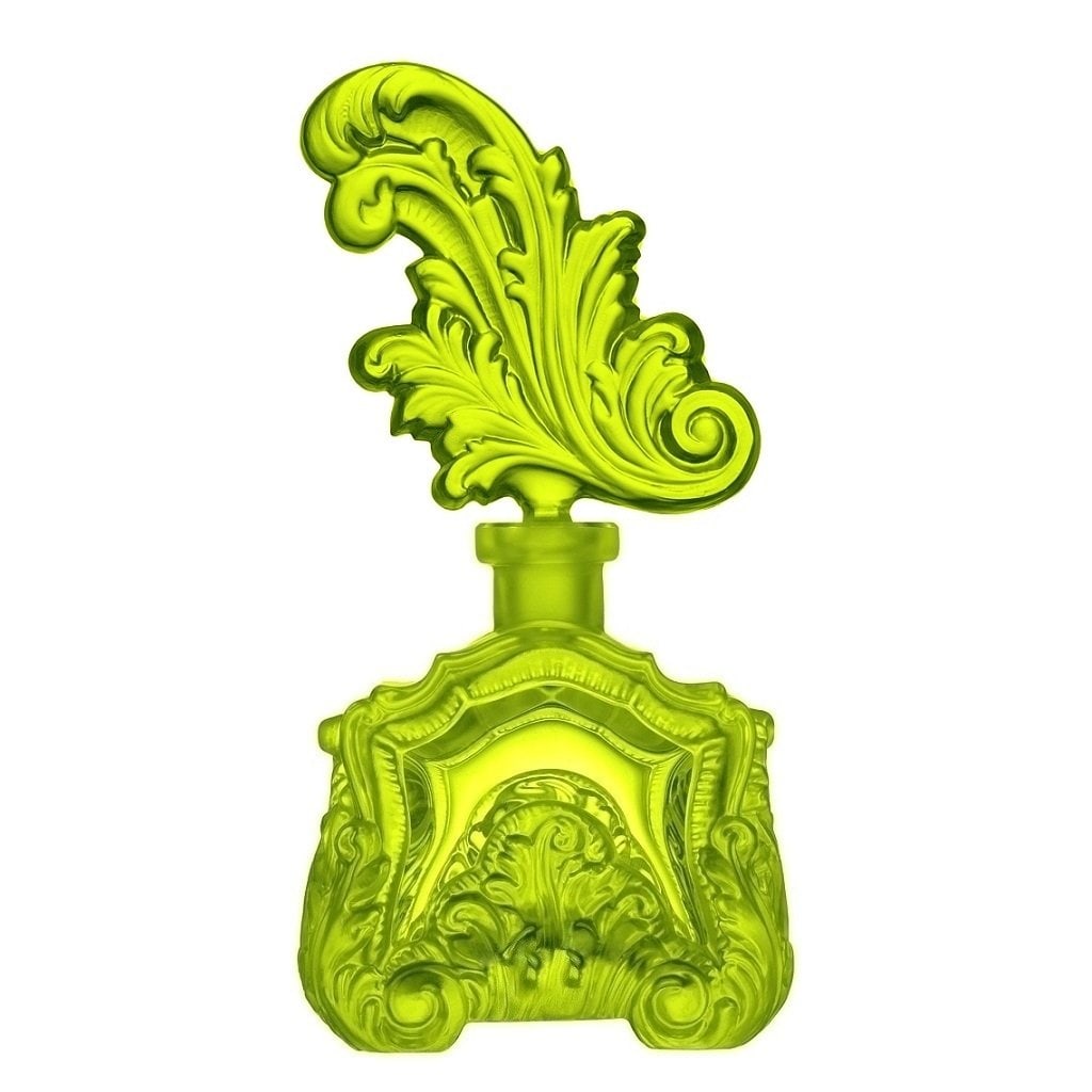 Art Deco Vaseline Uranium Glass 1930' H.Hoffmann Collectible Perfume Bottle: Top Quality Art Deco Vaseline Uranium Glass Perfume Bottle. This perfume bottle was originally made by LALIQUE. This piece was made in Bohemia from ORIGINAL antique molds that were used during the 193