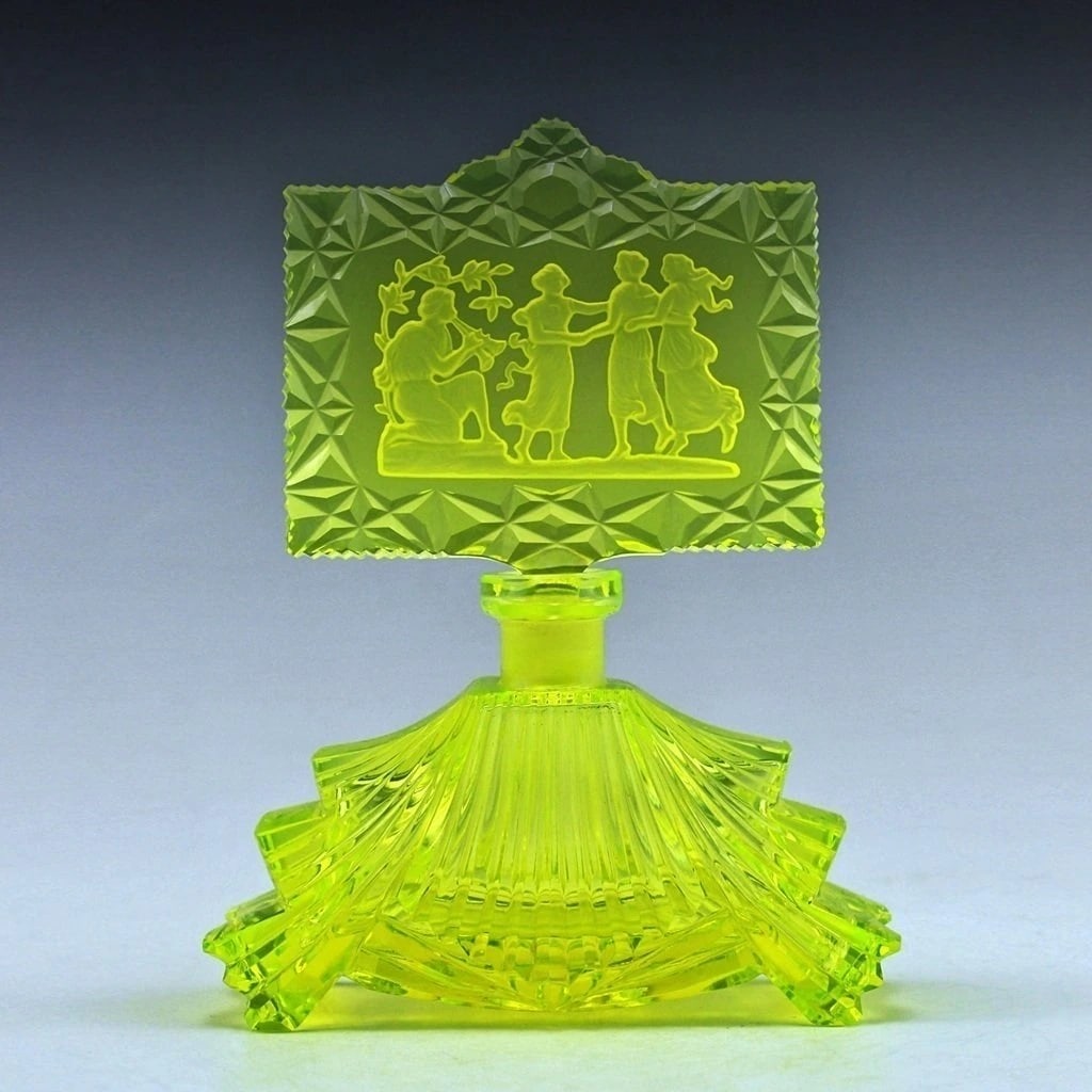 Art Deco Collectible Perfume Bottle Czech Vaseline Uranium Glass 1930' H.Hoffmann: Top Quality Art Deco Vaseline Uranium Glass Perfume Bottle. This piece was made in Bohemia from ORIGINAL antique molds that were used during the 1930's - 1939's. It is breathtaking high quality satin 