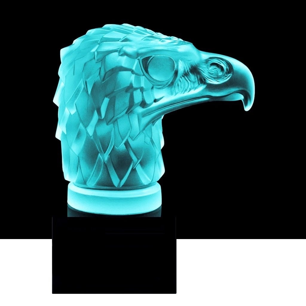 Art Deco Hood Ornament 'Head Eagle' Cyan Vaseline Glass Sculpture 1930' H.Hoffmann by Lalique: Top Quality Aquamarine Cyan Vaseline Art Deco Glass. This piece was made in Bohemia from ORIGINAL antique molds that were used during the 1930's - 1939's. It is breathtaking high quality satin finish 