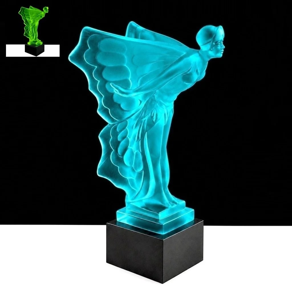 Art Deco Blue Uranium Glass Sculpture Rolls Royce ' Flying Lady ' 1930' H.Hoffmann: Top Quality Aquamarine Uranium Glass. This piece was made in Bohemia from ORIGINAL antique vintage molds that were used during the 1930's - 1939's. It is BREATHTAKING high quality satin finish glass s