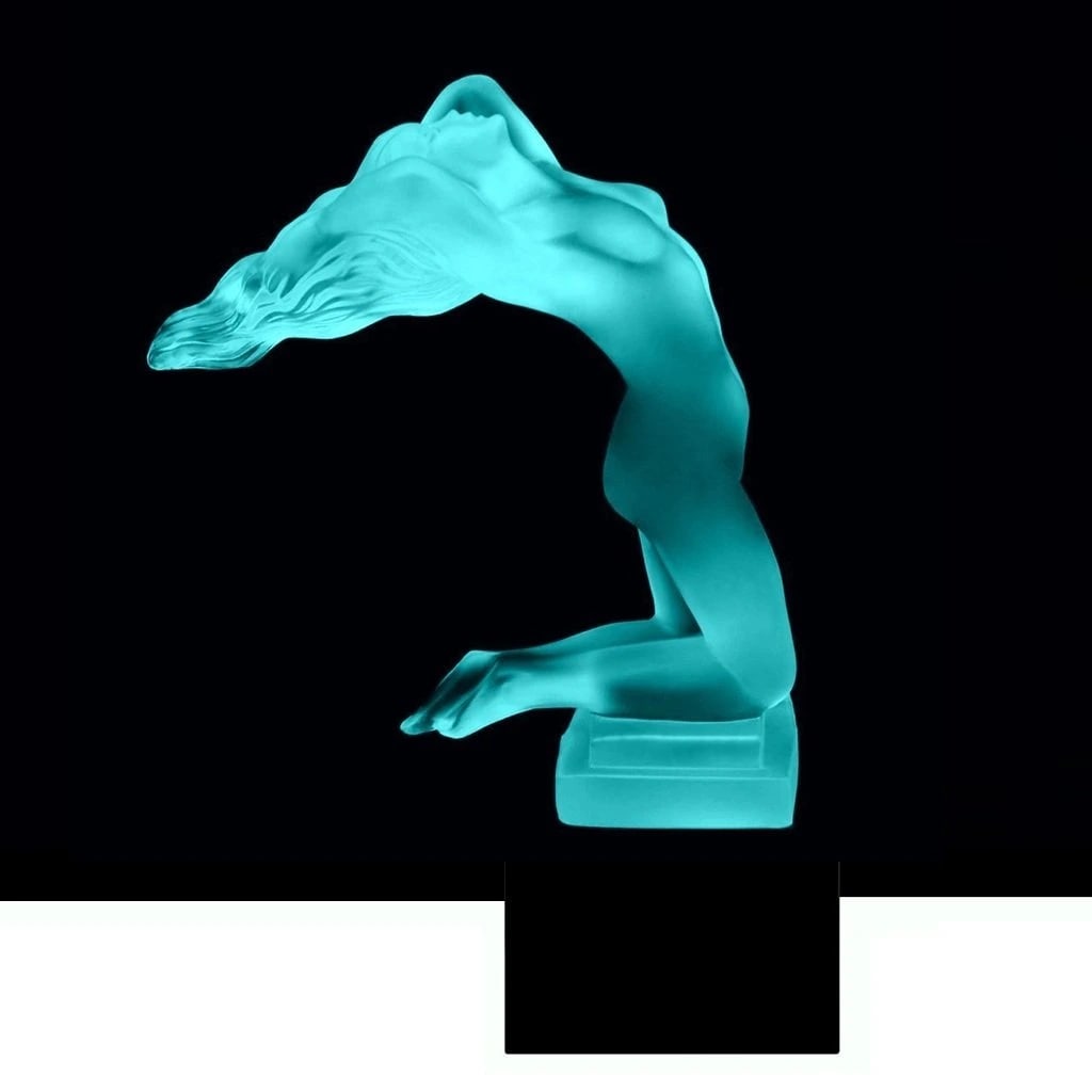 Art Deco Hood Ornament ' Chrysis ' Cyan Uranium Glass Sculpture 1930' H.Hoffmann by Lalique (1 of 4)