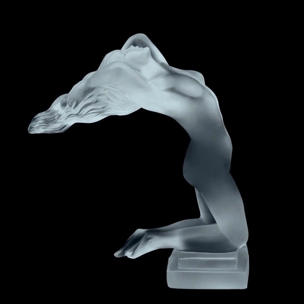 Art Deco Sculpture ' Chrysis ' Satin Clear Glass Hood Ornament 1930' H.Hoffmann by Lalique: This piece is a great addition to collection or a great gift. Timeless design - Top Qality Art Deco Glass Car Mascot Hood Ornament Figurine. This piece was made in Bohemia from the ORIGINAL antique vi