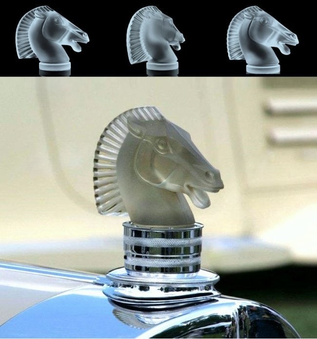 Art Deco Collectible Glass ' Longchamp ' Hood Ornament Sculpture 1930' H.Hoffmann By Lalique: This piece is a great addition to collection or a great gift. Timeless design - Top Qality Art Deco Collectible Glass Car Mascot Hood Ornament ' Head Horse ' Figurine Head Horse. This piece was made i